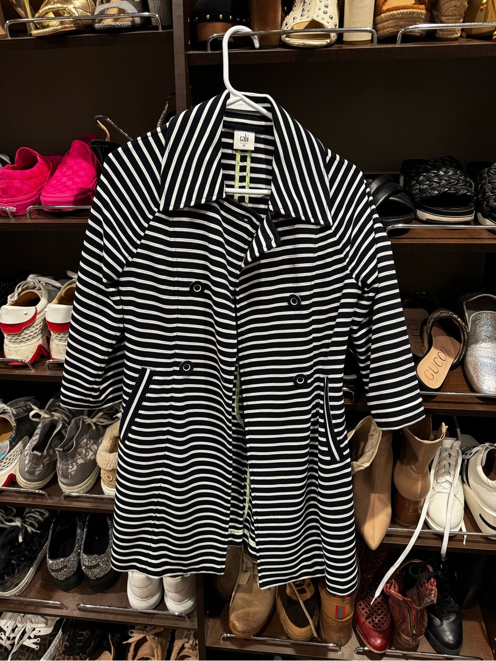 Cabi Navy & White Striped Double-Breasted Coat